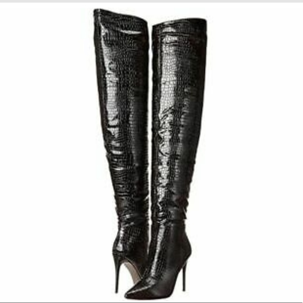 STEVE MADDEN VAVA BLACK CROCK OVER-KNEE BOOTS